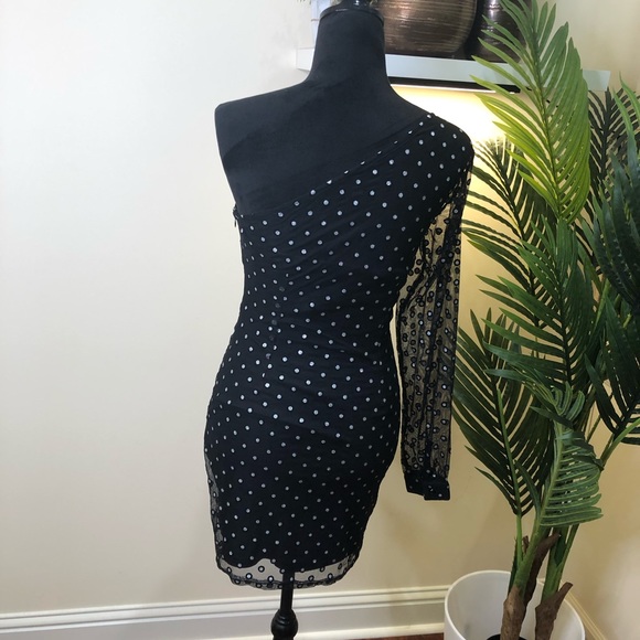 Boohoo Nights Polka Dot One Shoulder Cocktail Dress Silver Black 6 - Picture 7 of 8